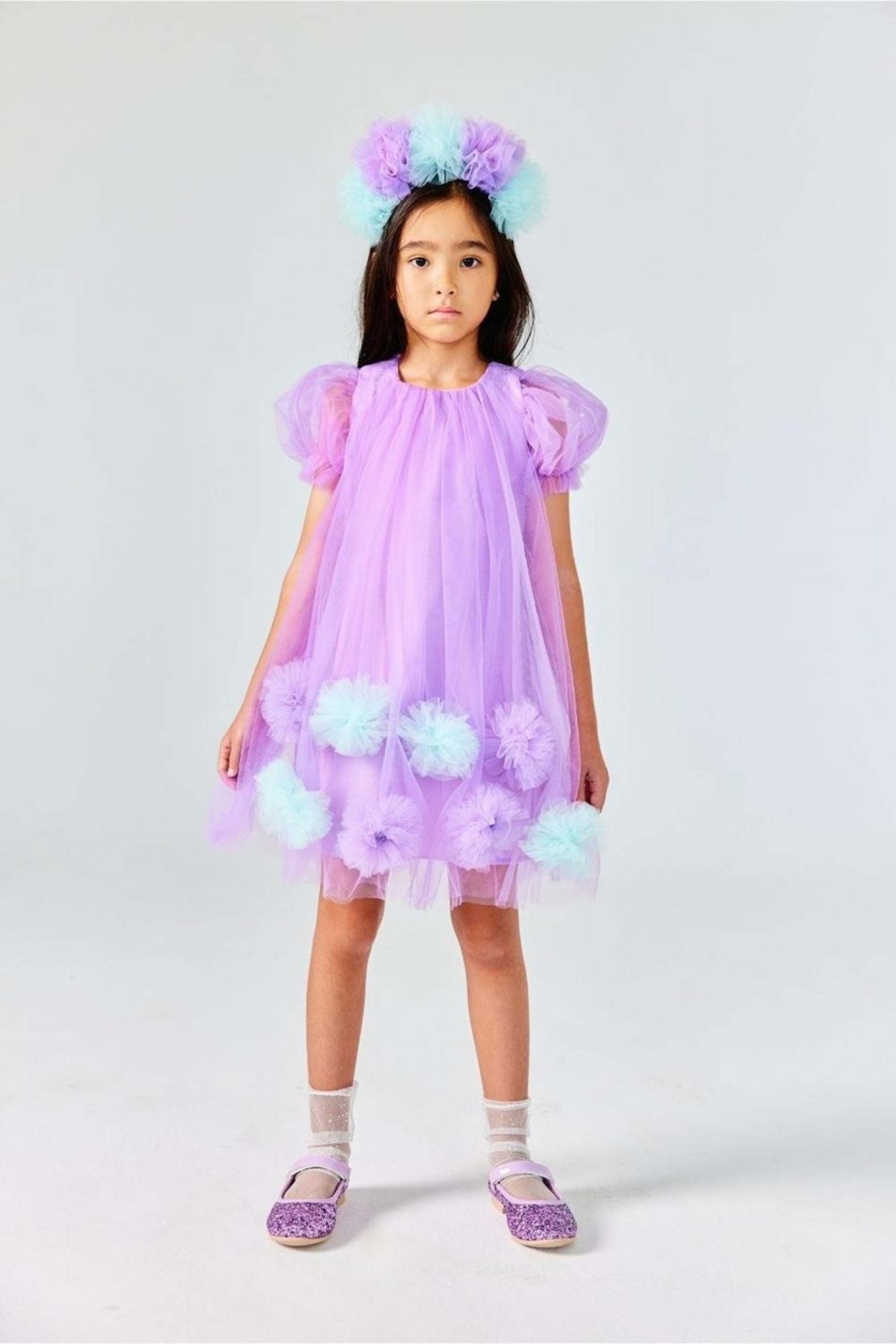 Abito Glicine Bambina Tulle Pom Pom