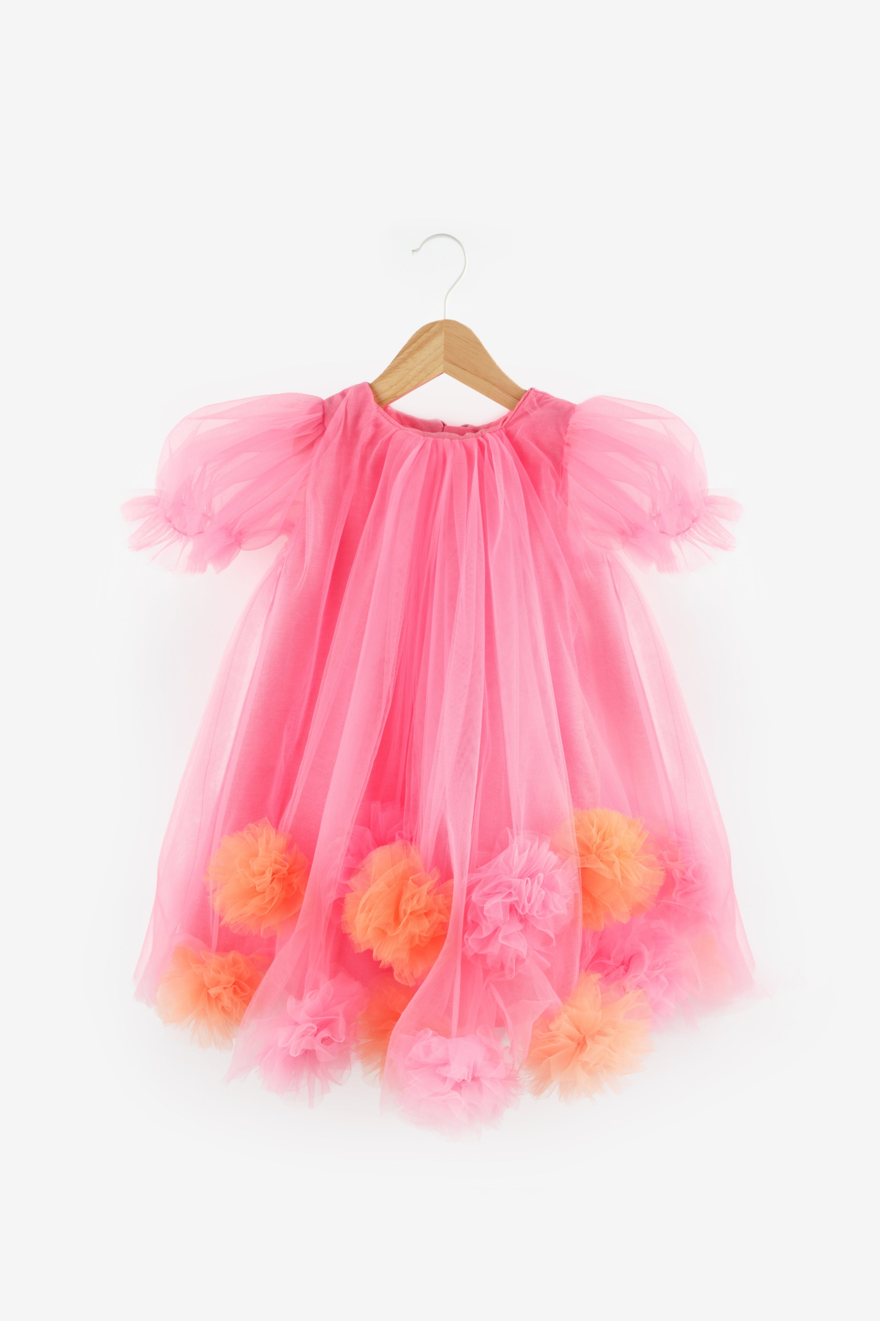 Abito Fucsia Bambina Tulle Pom Pom