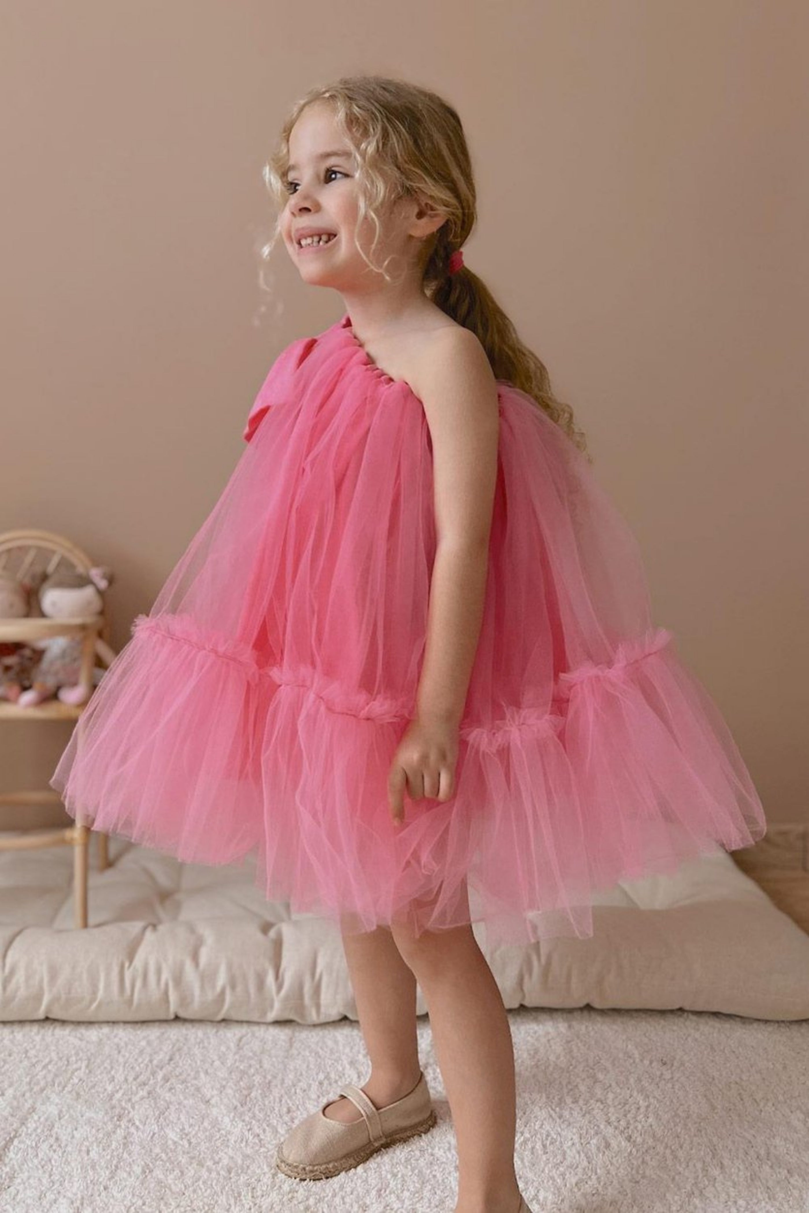 Abito Fucsia Bambina Monospalla Tulle