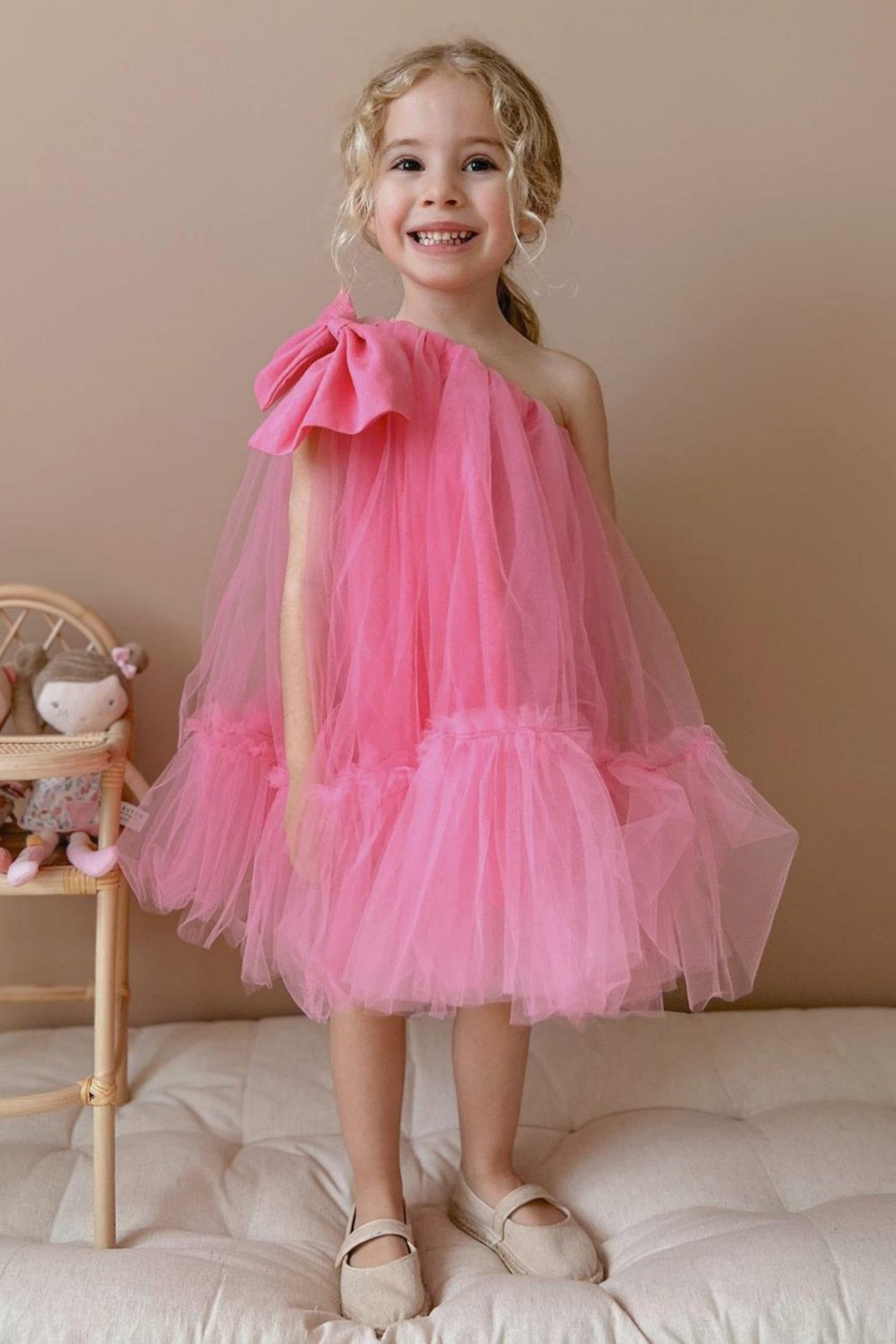 Abito Fucsia Bambina Monospalla Tulle