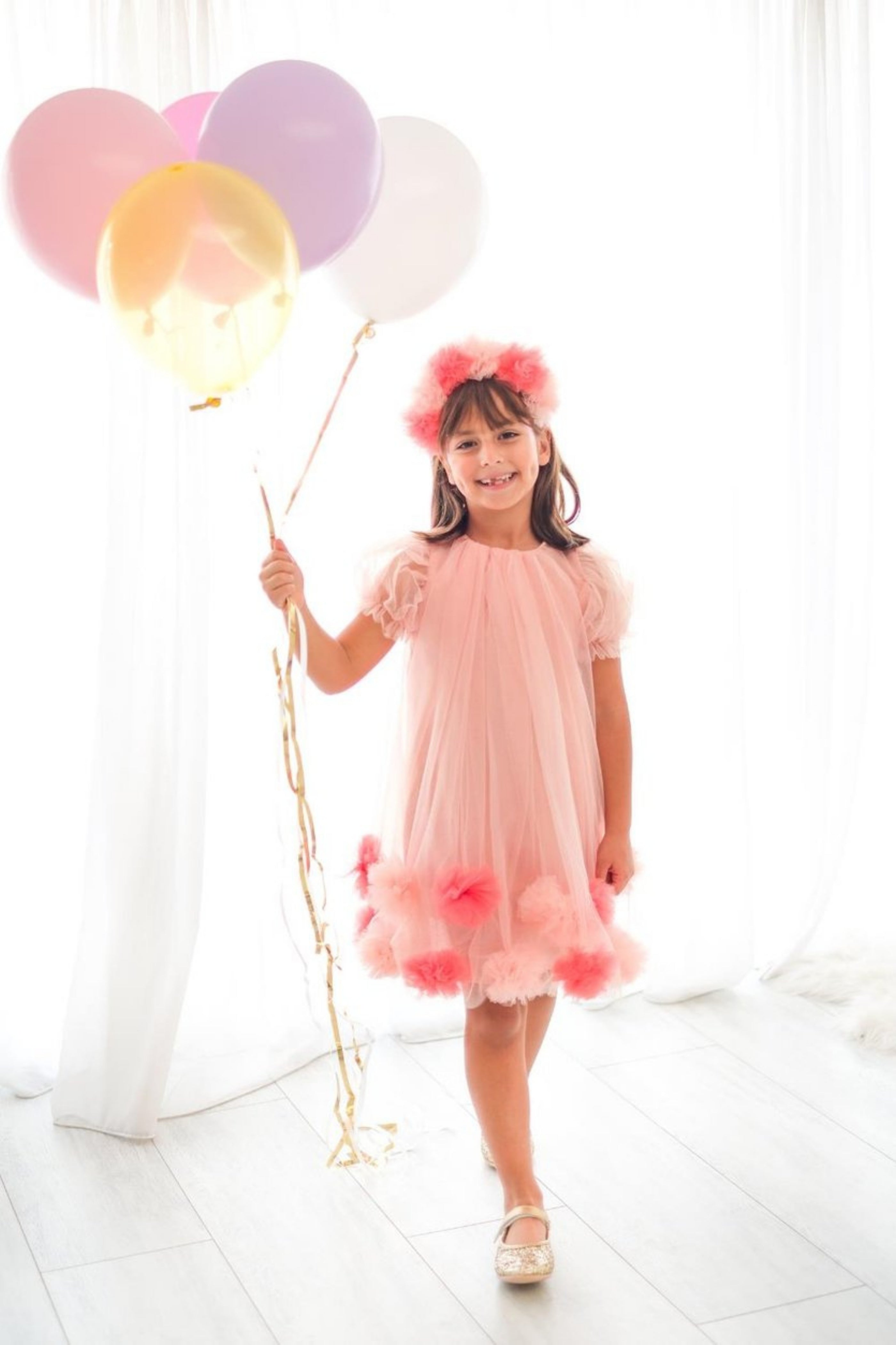 Abito Nude Bambina Tulle Pom Pom